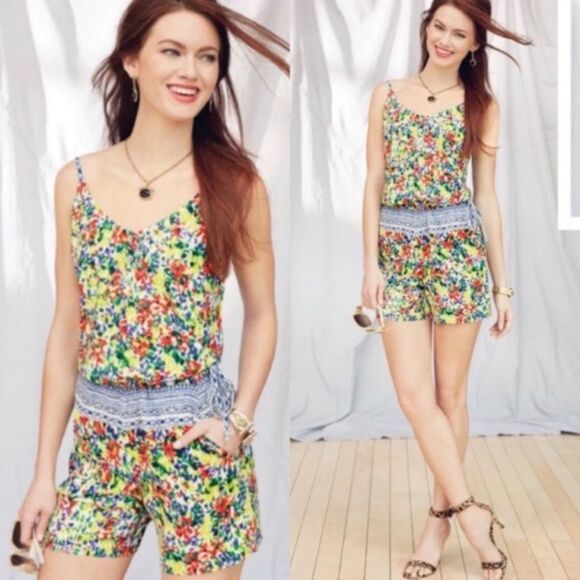 Cabi Fiesta Strappy Floral Romper Coverall Shorts Multi Color Medium - Picture 1 of 12